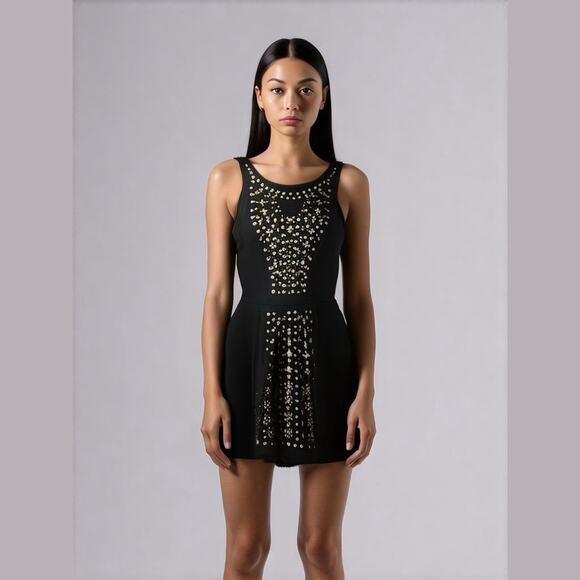 Material Girl Black Knit Gold Studded Front Scoop Neck Skater Skirt Dress S - Picture 1 of 12
